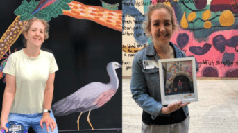 two images of Lauren showing two of her paintings