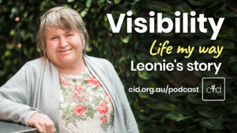 Leonie smiles at the camera. Text reads Visibility: Life My Way: Leonie's Story