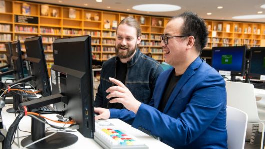 A person with intellectual disability works on a computer with another person.